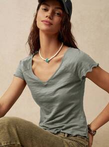 Bohemela Boho Women's V-Neck Solid Color Raglan Sleeve T-Shirt For Vacation - Light Grey - View 7