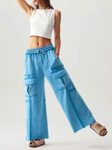 Bohemela Quần ống rộng dệt kim màu trơn BOHO dành cho nữ có túi 3D, quần mặc đi nghỉ mát thường ngày cho nữ, quần áo nữ cỡ lớn, quần đi biển cho nữ, quần túi hộp cho nữ, quần nhỏ nhắn cho nữ, quần áo nữ - Màu xanh lam - Xem 7