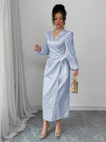 Modelyn Women's Light Blue Leopard Print Satin Jacquard Cross V-Neck Wrap Tie Waist Midi Dress With Long Sleeves