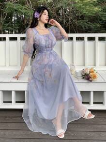 Feyla 女士优雅花卉印花泡泡袖连衣裙 - 藍色 - 查看 6