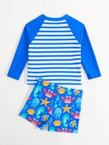 Baby Boy Striped Crab Print Raglan Sleeve Long Sleeve Top And Shorts Swimsuit Set - Blue - View 2