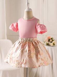 SHEIN Glamorique Kids 女童优雅缎面泡泡袖上衣和提花A字裙套装，时尚迷人，适合休闲、派对、聚会、春夏少女连衣裙及婚礼礼服 - 粉色 - 查看 4