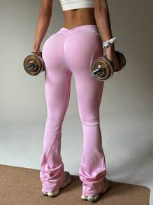 Dewbera Women's Solid Color Casual Sports Pants, Simple And Fashionable Bell-Bottom Pants - Baby Pink - View 7