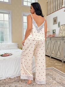 CottageSlumber Conjunto de ropa de dormir de camisilla con tirantes finos y pantalón largo de encaje de cereza romántico, talla grande, para vacaciones