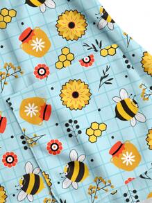 PopScrub Summer Cartoon Bee Floral Pattern /Nursing Scrub Uniform Top, Casual & Simple