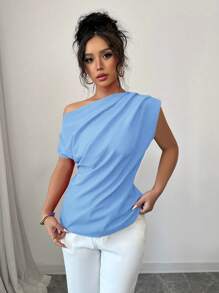 Elenzga Áo sơ mi nữ cổ bẻ xếp ly màu trơn, thời trang tối giản mùa hè - Màu xanh nhạt - Xem 7