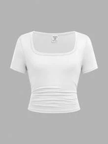 SHEIN Set de 2 camisetas básicas de cuello cuadrado de unicolor blanco para niñas preadolescentes, cómodas y sencillas, lleve 1 y lleve 1 gratis - Blanco y Negro - Ver 7