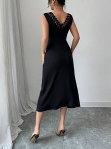 Elenzga Women Lace Patchwork Hollow Out Midi Dress - Black - View 2