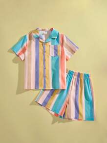 SHEIN 2pcs Young Boys' Colorful Striped Chest Pocket Short Sleeve Button-Up Shirt And Relaxed Fit Striped Elastic Waist Shorts Set, Perfect For Holiday Style