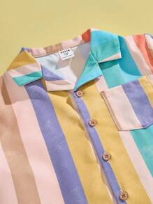 SHEIN 2pcs Young Boys' Colorful Striped Chest Pocket Short Sleeve Button-Up Shirt And Relaxed Fit Striped Elastic Waist Shorts Set, Perfect For Holiday Style