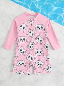 SHEIN Baby Girl Cartoon Cat Print Raglan Sleeve One-Piece Swimsuit With Shorts