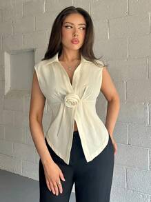 Firerie Damen elegante, einfache apricotfarbene V-Ausschnitt Blumen-Plissee-ärmelloser figurbetonter Bluse, geeignet für Pendeln, Nachmittagstee, Alltagstragen, Sommer