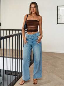 Siren Gaze 女士时尚夏季扎染褶皱抹胸 - 咖啡棕 - 查看 5