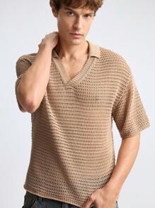 Ontre 2025 Summer Men's Solid Turndown Collar Short Sleeve Hollow Out Casual Knit Top, Business Casual Young Men Polo Sweater For Music Festival, Vacation, Daily Wear, Versatile - Khaki - View 4