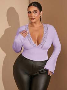 SHEIN BAE Plus Size Women V-Neck Splice Lace Trim Solid Long Sleeve Casual Top, Suitable For Spring/Summer - Mauve Purple - View 7