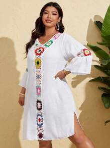 Swim Lushoire Plus Size Women's Single 3/4 Sleeve Crochet Floral Plus Size Beach Cover Up For Summer Beach Vacation - White - View 7