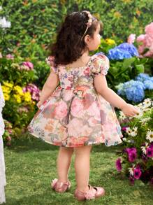 可爱优雅的女婴花卉欧根纱短袖连衣裙 - 彩色 - 查看 2