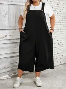 SHEIN CURVE+ Salopette nera oversize da donna con bretelleregolabili, chiusura con bottoni e tasche sulle gambe a spaceo, adatta per la primavera - nero - Visualizzare 5