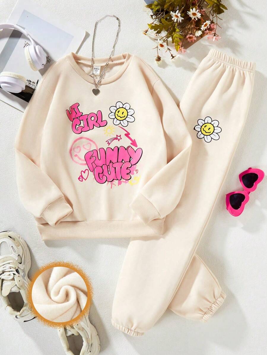 SHEIN Cô gái Tween Hoạt hình In thư Lông cừu Áo nỉ Và Quần thể thao Bộ - Màu be - Xem 1