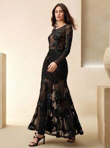 Anewsta 女士花卉印花网眼长裙，鱼尾下摆，优雅