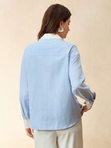 Anewsta Camicia maniche lunghe elegante, casual e da business, con design di primavera ed estate, realizzata artigianalmente con perline sulle unghie, con colore di contrasto blu e bianco versatile, stile chic e vecchio denaro