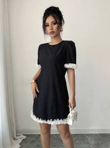 Chiquease Women Elegant Polka Dot Print Crew Neck Short Dress - Black - View 4