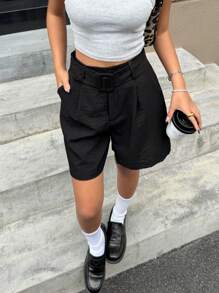 SHEIN EZwear 女士纯色褶皱阔腿宽松休闲短裤