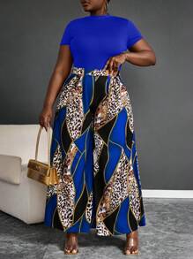 Maweii 2pcs Plus Size Solid Color Short Sleeve Top And Long Pants Set, Simple And Fashionable, Suitable For Summer