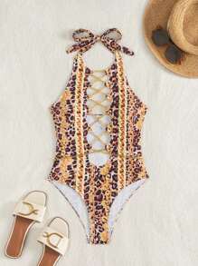 SHEIN Swim Ladies' One-Piece Swimsuit With Metal Chain Decoration, Criss-Cross Strap Design, Sexy One Piece Swimsuit For Island, Beach, Resort, Pool Party, Summer - Multicolor - View 1