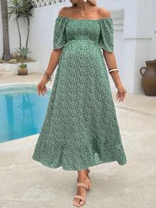 SHEIN Maternity Resort Plant Print Ruffle Hem Bodycon Maxi Dress - Green - View 3