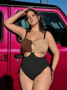 Slaysola Conjunto de 2 piezas para mujer talla grande, traje de baño con bloques de color acanalado y cubrecostras, conjunto de atuendo casual para vacaciones