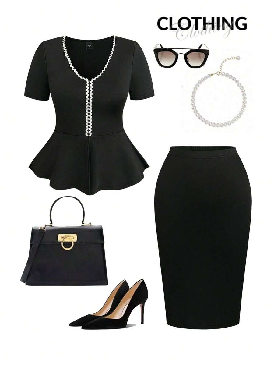 SHEIN Clasi 2pcs Women Fashion Colorblock Tape Trim Ruffle Blouse & Bodycon High Slit Skirt Suit - Black - View 1