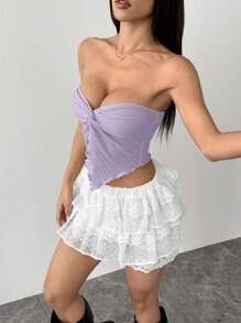 SHEIN PETITE 女装假日鹅黄色针织纹理抹胸中前打结开衩波浪边修身上衣下午茶街头度假秋冬装内外聚会 - 淡紫色 - 查看 3