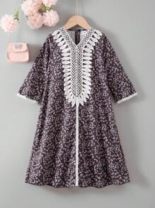 Vestido largo con adorno de encaje con motivos florales y de espiga de trigo para niña pequeña para uso diario, conjunto a juego madre-hija (se venden 3 piezas por separado)