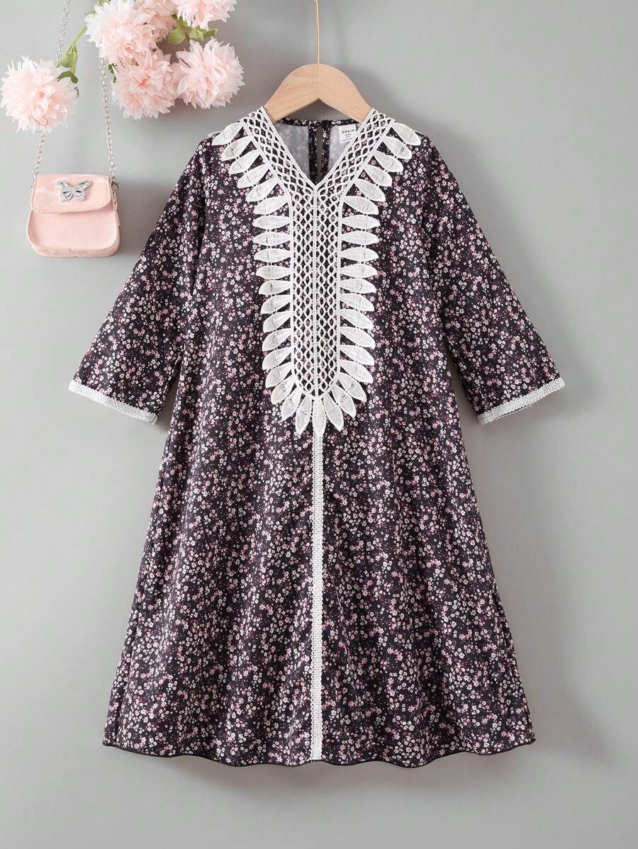 Vestido largo con adorno de encaje con motivos florales y de espiga de trigo para niña pequeña para uso diario, conjunto a juego madre-hija (se venden 3 piezas por separado)