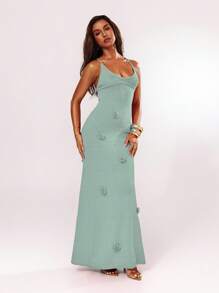 SHEIN BAE Women's 3D Floral Decor Open Back Halter Maxi Knit Dress - Mint Green - View 3