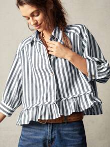 Bohemela Boho Vacation Stripe Lapel 3/4 Sleeve Ruffle Hem Loose Blouse For Women
