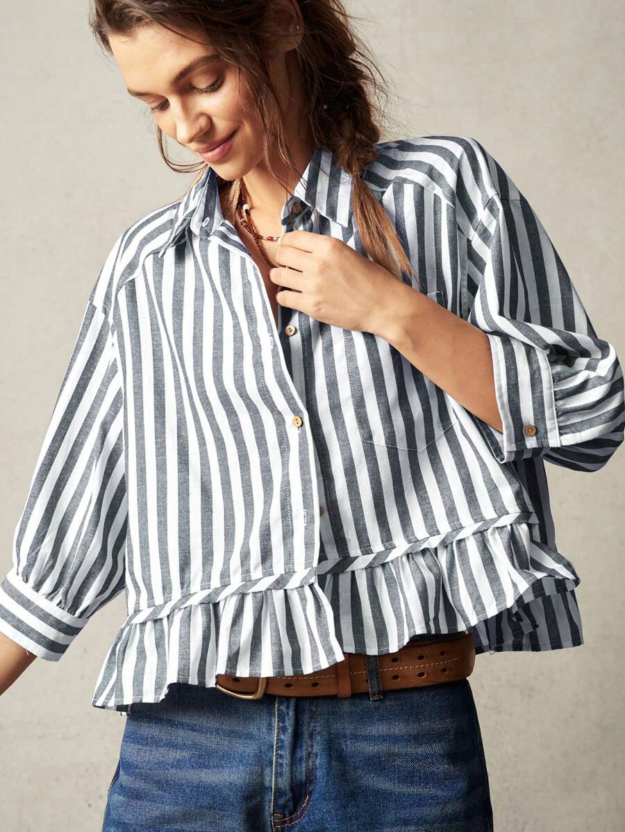 Bohemela Boho Vacation Stripe Lapel 3/4 Sleeve Ruffle Hem Loose Blouse For Women