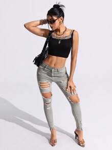 Women's Pocket Detail Ripped Skinny Casual Versatile Denim Jeans - Army Green - View 3