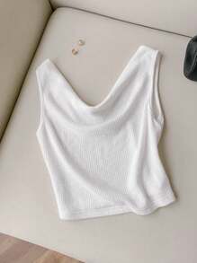 SHEIN LUNE 纯色垂坠领无袖背心，休闲日常基本款，春夏 - 白色 - 查看 3