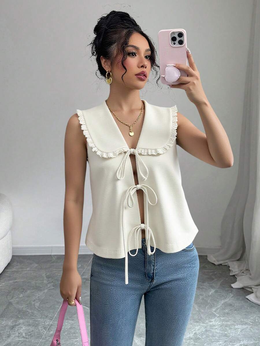 Chiquease 女士蝴蝶结领无袖优雅衬衫 - 卡其色 - 查看 1