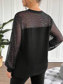 SHEIN Tall CURVE 大码女式圆领长袖网眼拼布休闲宽松上衣