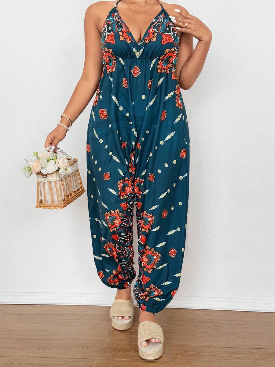 Flirla Plus Size Vintage Print Backless Halter Jumpsuit, Casual Holiday Style - Green - View 1