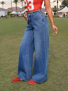 SHEIN EZwear Damen Lässig Fitted Weite Bein Blaue Jeans Sommer für Frauen, Konzert Streetwear für Damen