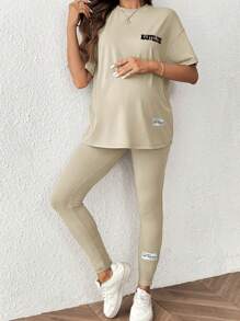 SHEIN 2pcs/Set Maternity Loose Letter Print Short Sleeve Top And Pants Suit - Apricot - View 4