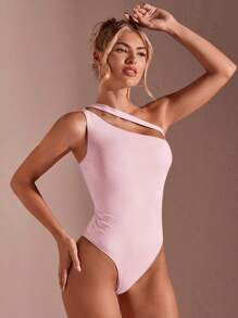 SHEIN BAE Women's Solid Color Simple Daily Asymmetrical Neck Bodysuit Women Bodysuits - Coral Pink - View 5