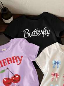 SHEIN Top de manga corta y cuello redondo de estilo minimalista casual para bebé niña, adecuada para el verano