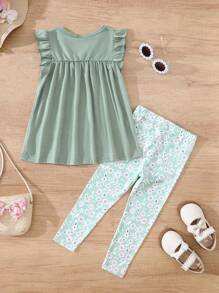 SHEIN Set 2 bucăți pentru fetiță, de vacanță, ocazional, top cu volane și jambiere florale pentru primăvară