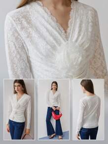 MOTF STUDIO LACE STEREO FLORAL RUCHED T-SHIRT,SPRING/SUMMER