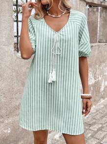 SHEIN LUNE Summer Casual Green Stripe Women Loose Fit V-Neck Doll Dress  Ibiza European Summer Emerald Green Dress  Women Summer Clothes Summer Dressesvacation Outfits Women Summer Dresses For Women - Green - View 4